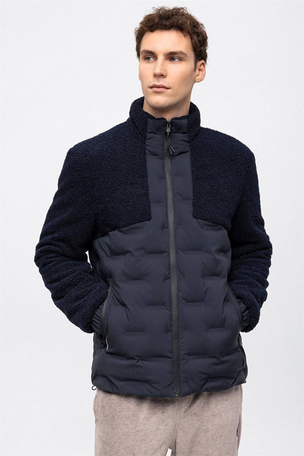 Lacivert Dik Yaka Peluş Su Geçirmez Termostatik Dolum Mont