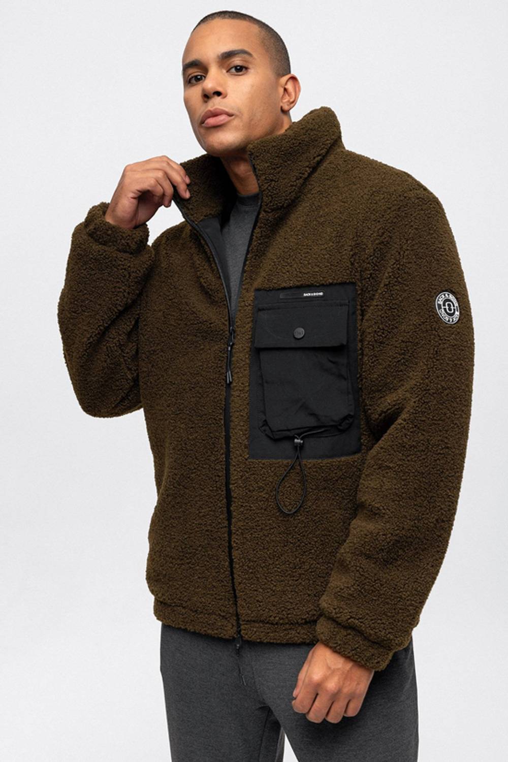 Haki Dik Yaka Cepli Rahat Kesim Peluş Dolum Mont