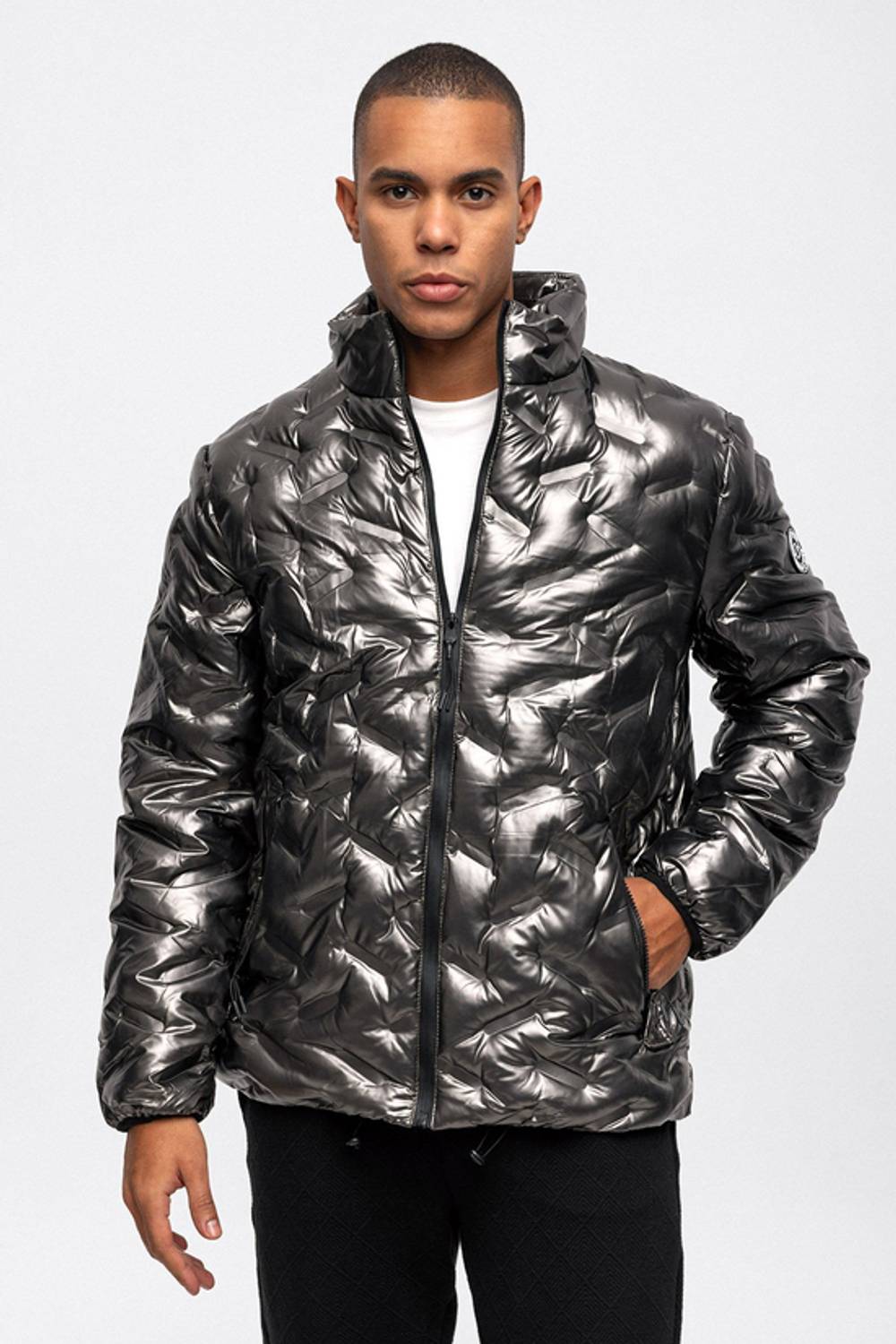 Антрацитовый куртка-пуховик с высоким воротником, водоотталкивающий, ветронепроницаемый, блестящий, размер S, M, XL