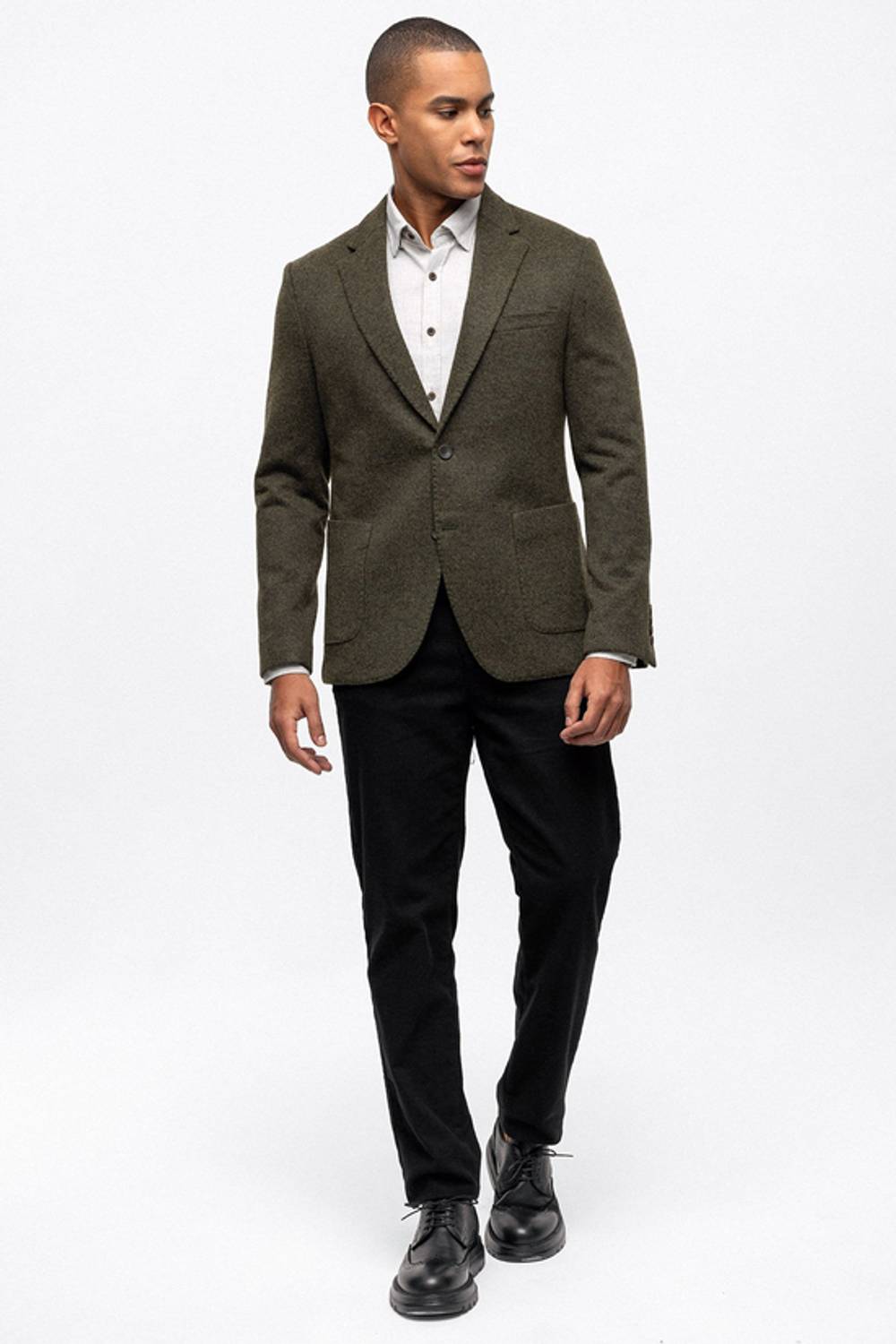 Хакі стрункий піджак з моно-якою, 50% акрилу, 50% вовни, модель 56-52, українське виробництво
