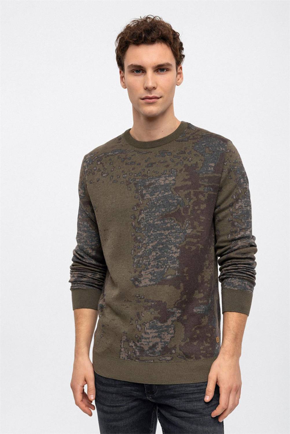 Haki Regular Fit Pamuklu Bisiklet Yaka Triko Kazak