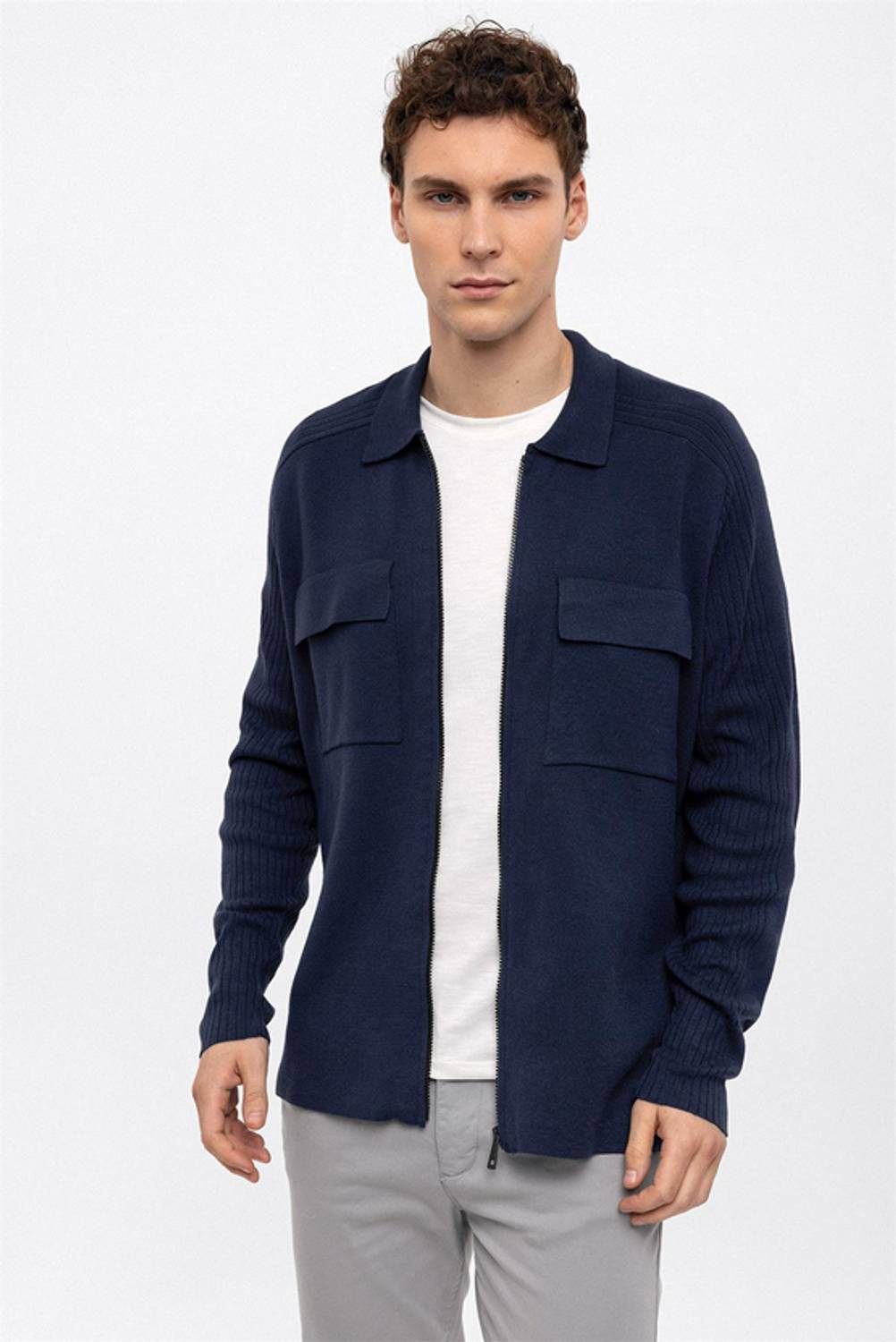 Lacivert Regular Fit Polo Yaka Fermuarlı Triko Hırka