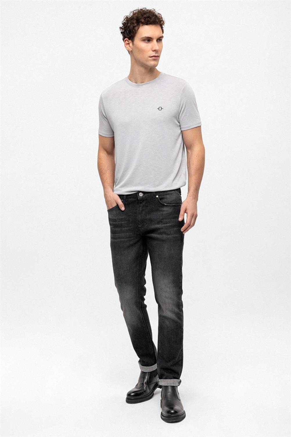 Charcoal Washed Denim Slim Fit Trousers with 5 Pockets, 98% Cotton, 2% Elastane, Available Sizes 31-38