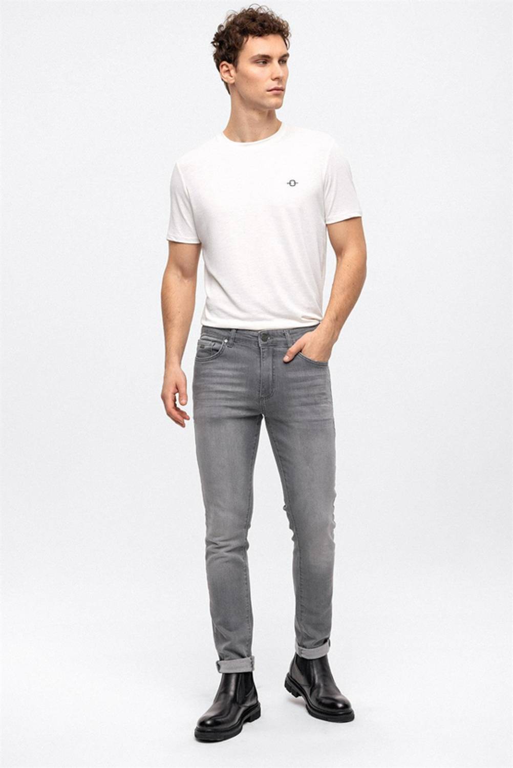 Gray Washed Denim Slim Fit Pants with 5 Pockets, Cotton Blend, Made in Turkey, Available Sizes 31-38