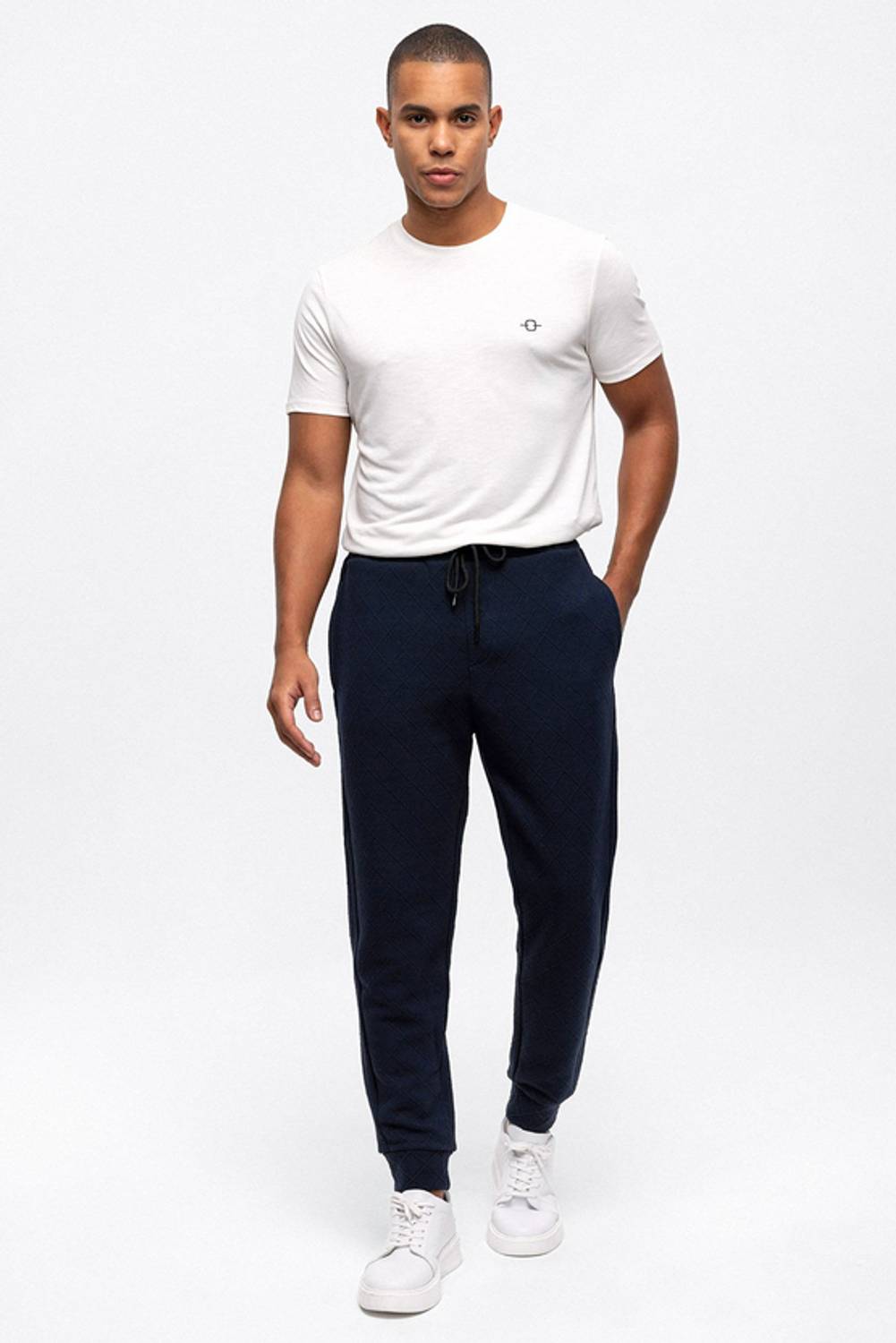 Navy Jacquard Knit Jogger Pants - 80% Polyester, 15% Viscose, 5% Elastane, Regular Fit, Available in S, M, L, XL
