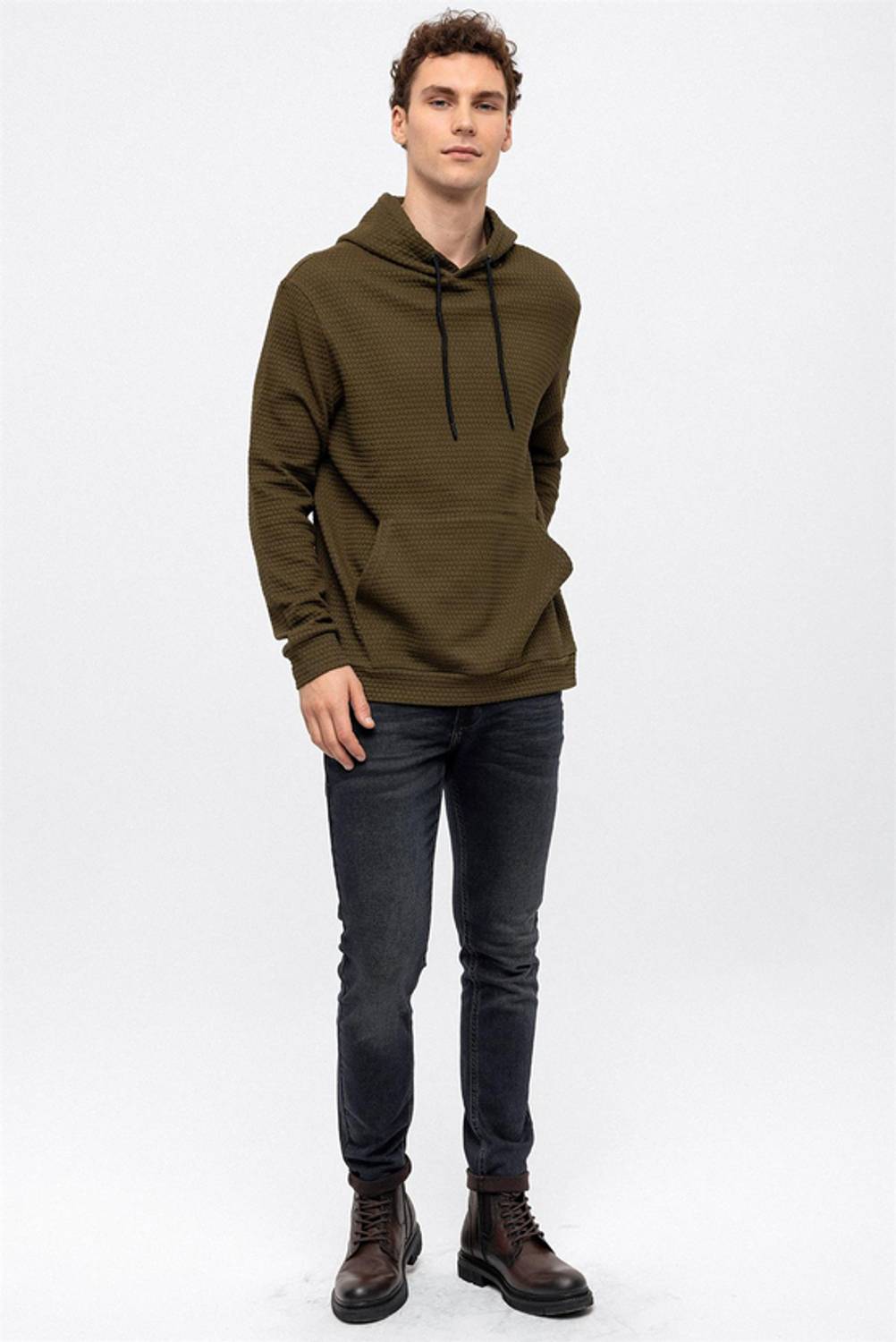 Haki Regular Fit Kapüşonlu Jakarlı Sweatshirt