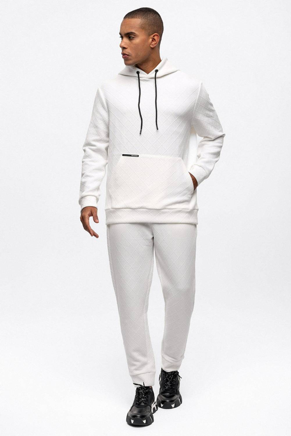 Beyaz Regular Fit Kapüşonlu Jakarlı Sweatshirt