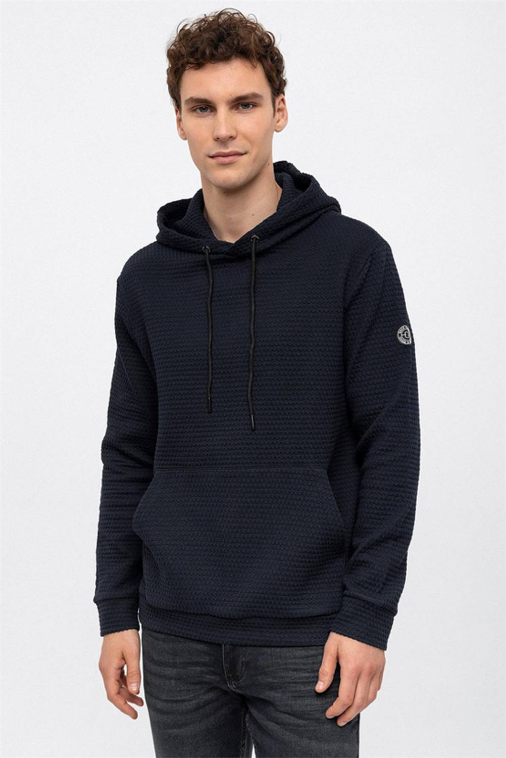 Lacivert Regular Fit Kapüşonlu Jakarlı Sweatshirt