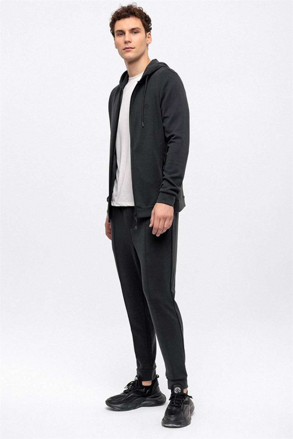 Antrasit Regular Fit Kapüşonlu Fermuarlı Sweatshirt