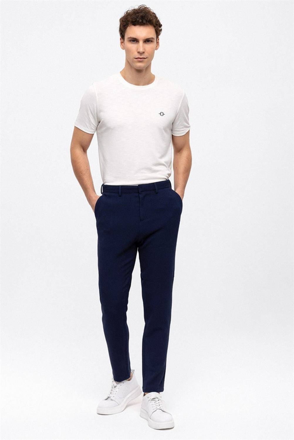 Dark Navy Slim Fit Sports Trousers Made of 64% Polyester, 34% Viscose, 2% Elastane, Sample Size 42, Local Production