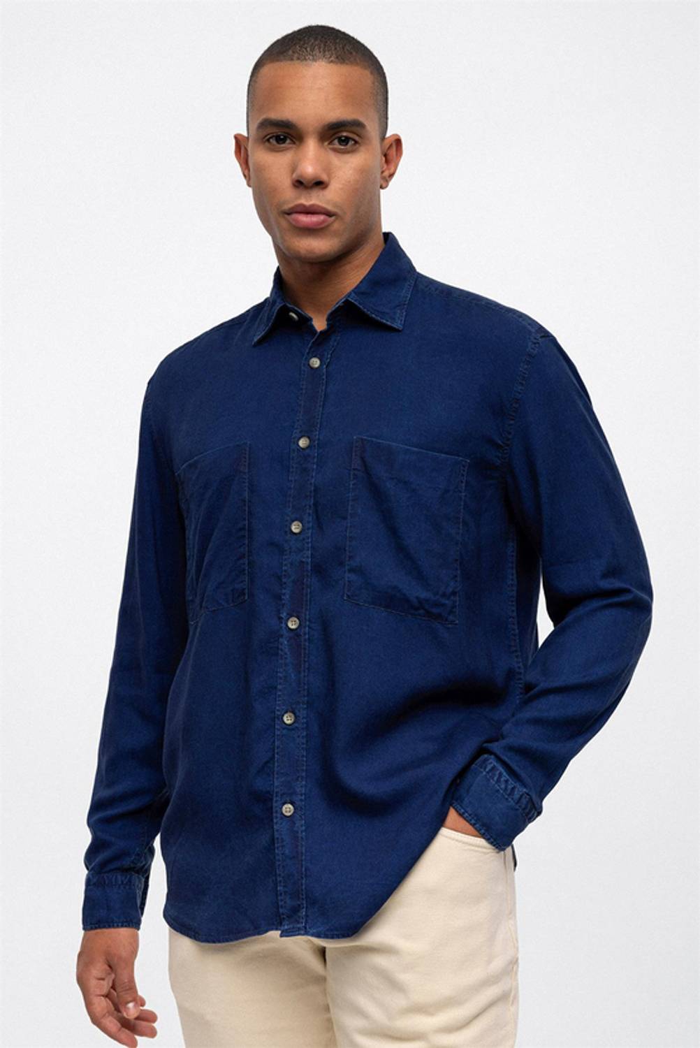 Back And Bond Over Fit Lacivert Tencel Gömlek