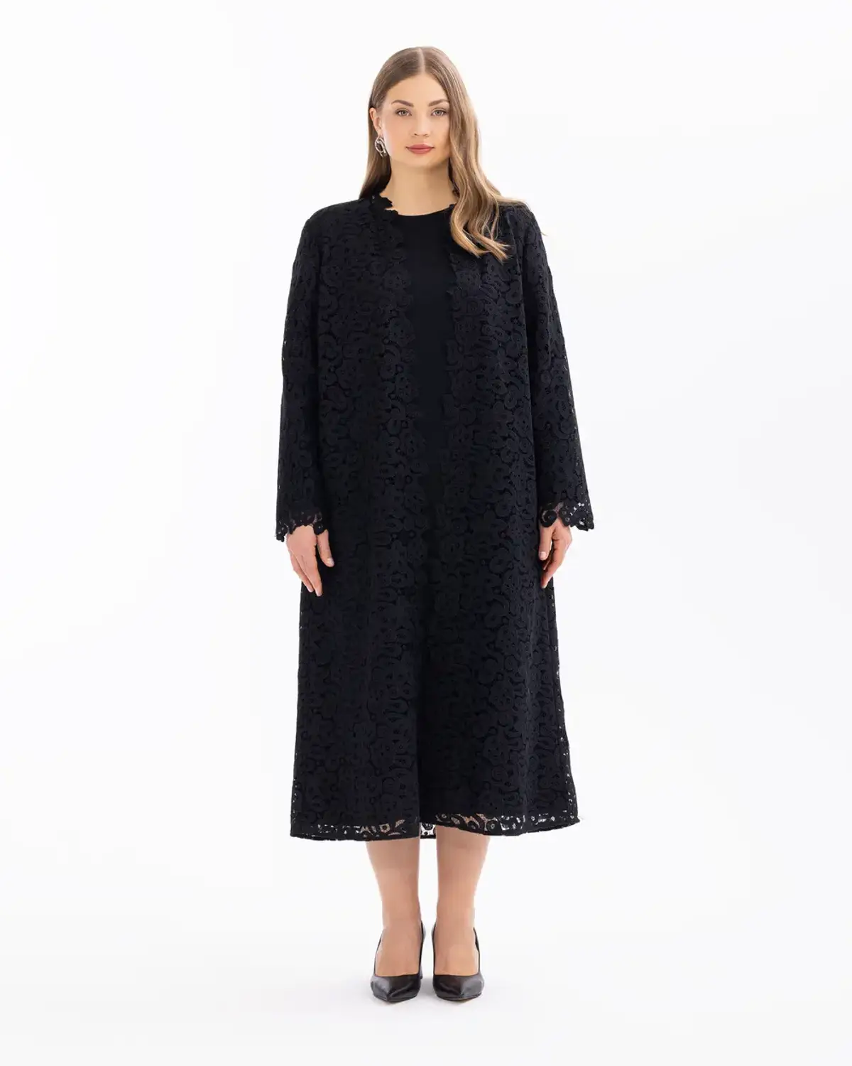 Женский трикотажный жакет с кружевом длиной до колена больших размеров, элегантный и舒适ный, идеален для особых случаев и повседневности