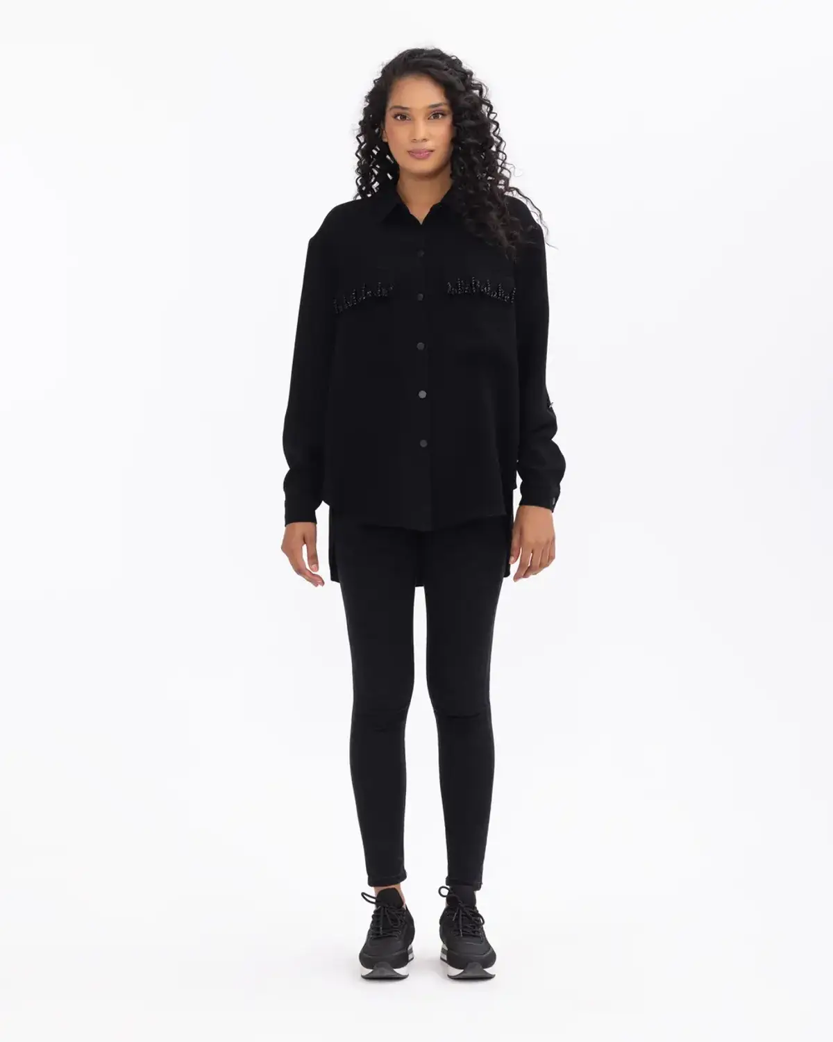 boncuk i̇şlemeli düğmeli rahat kesim gömlek