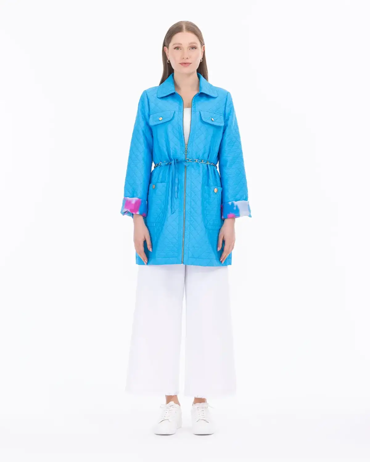 kemerli bebe yaka kapitone ceket