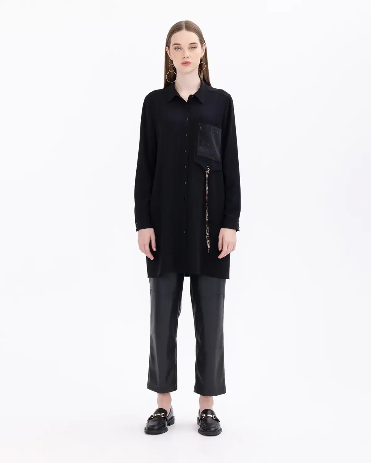 leopar desen detaylı önden düğmeli tunik