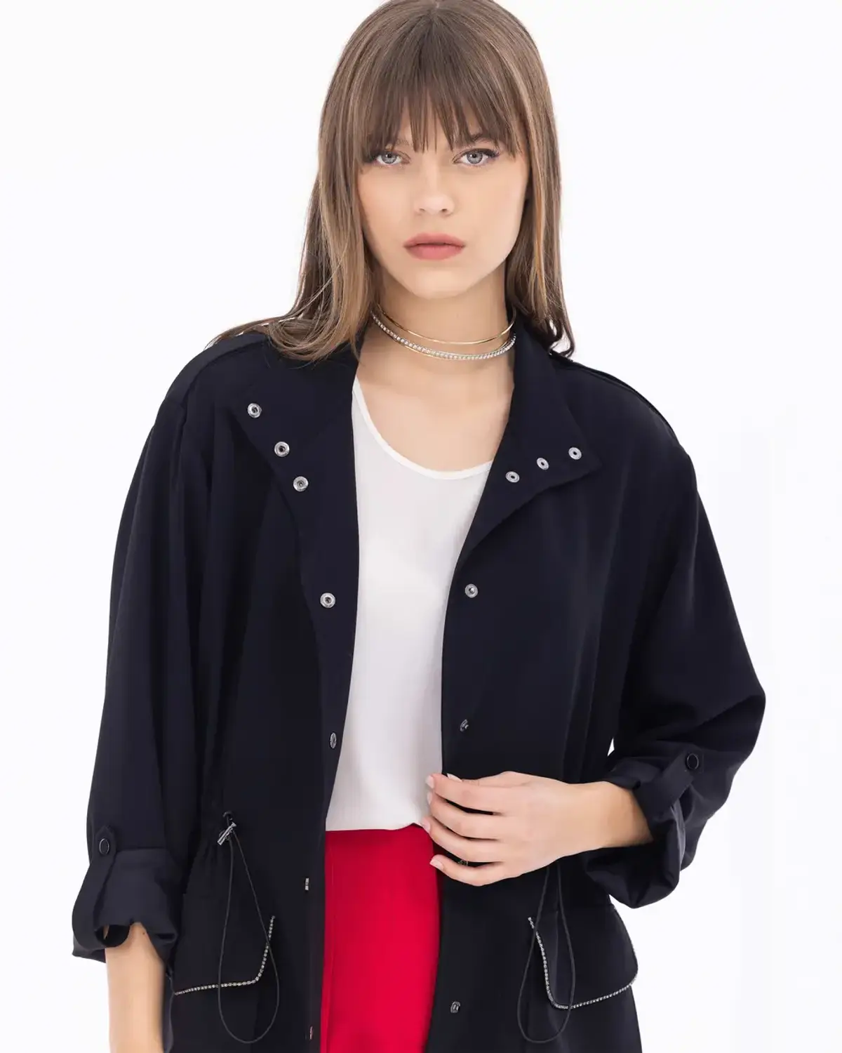 dik yaka taş detaylı astarlı ceket