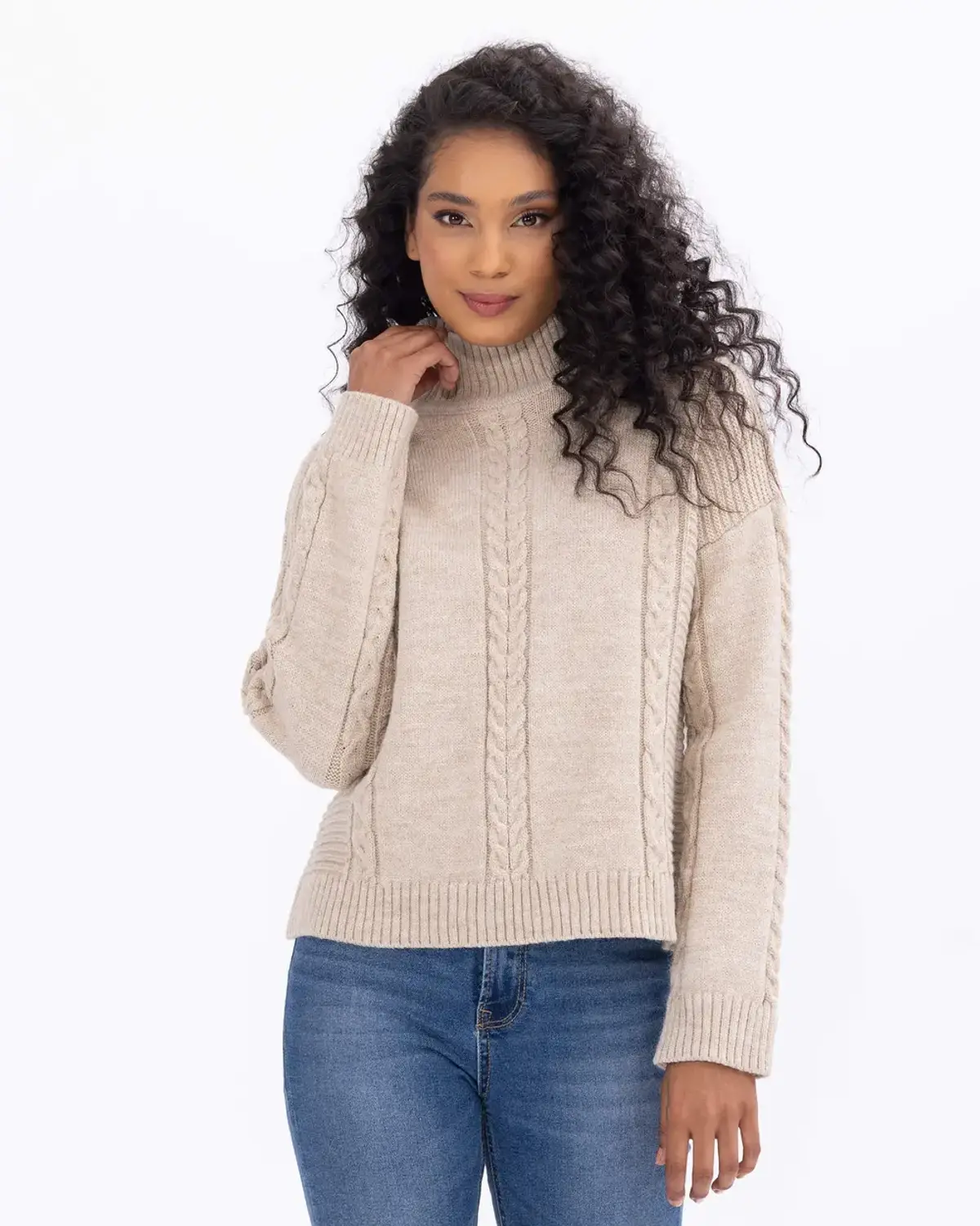 örgü detaylı dik yakalı bel boy kazak