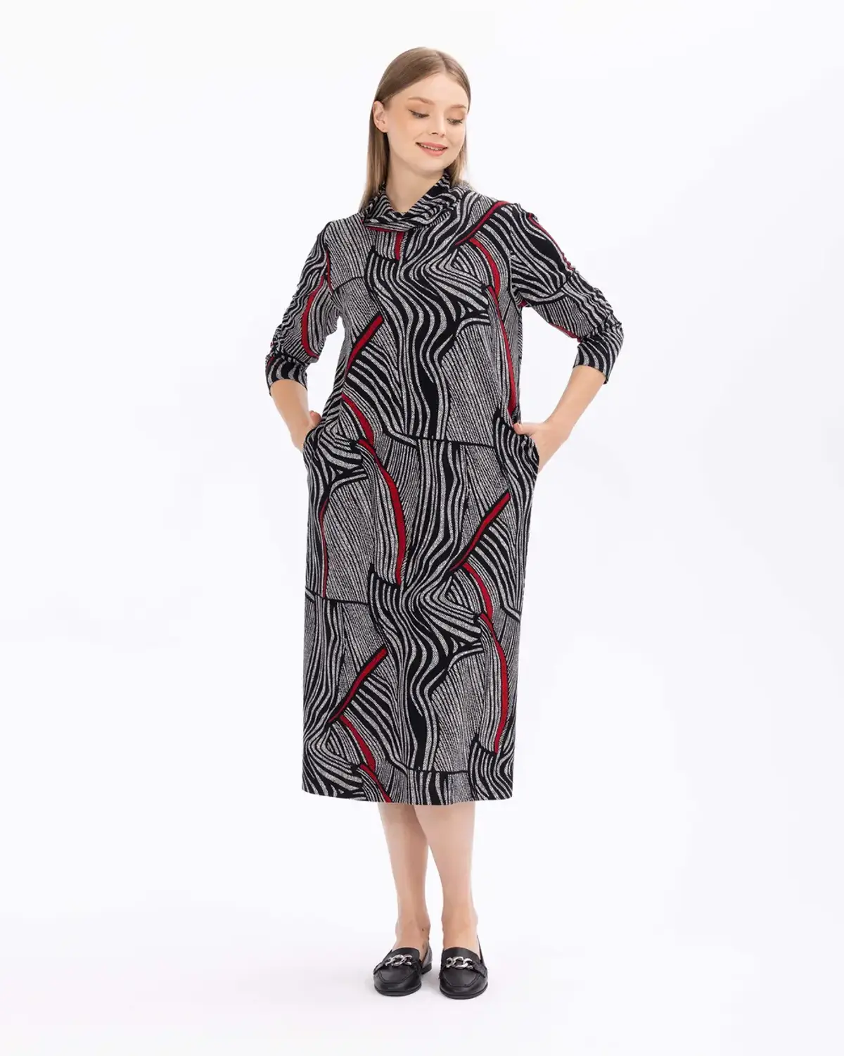 büyük beden desenli balıkçı yakalı midi elbise