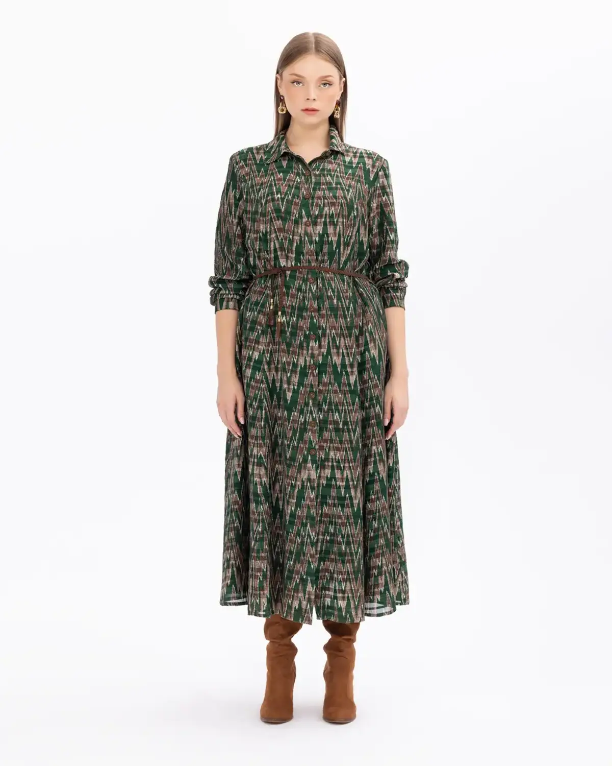 büyük beden desenli midi boy gömlek elbise