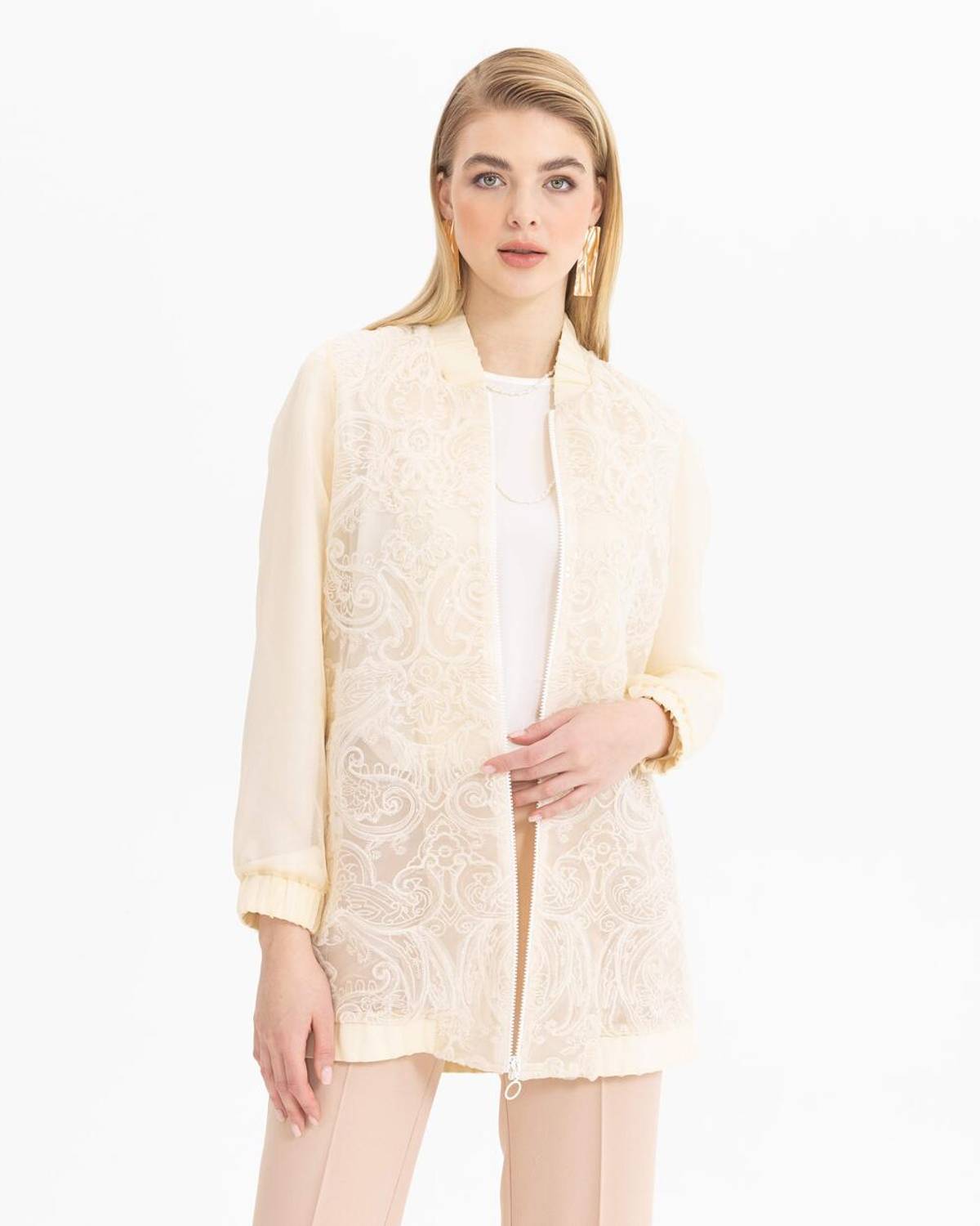 organze detaylı fermuarlı ceket