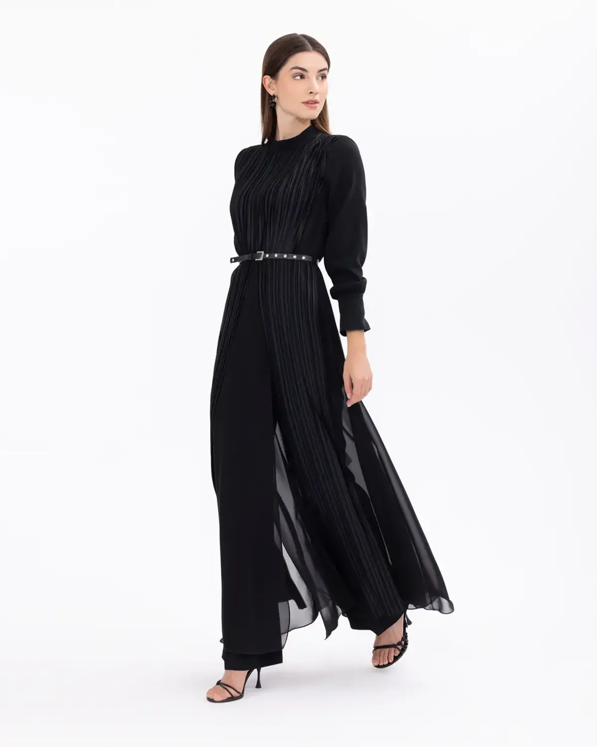 pliseli kemerli tam boy tunik