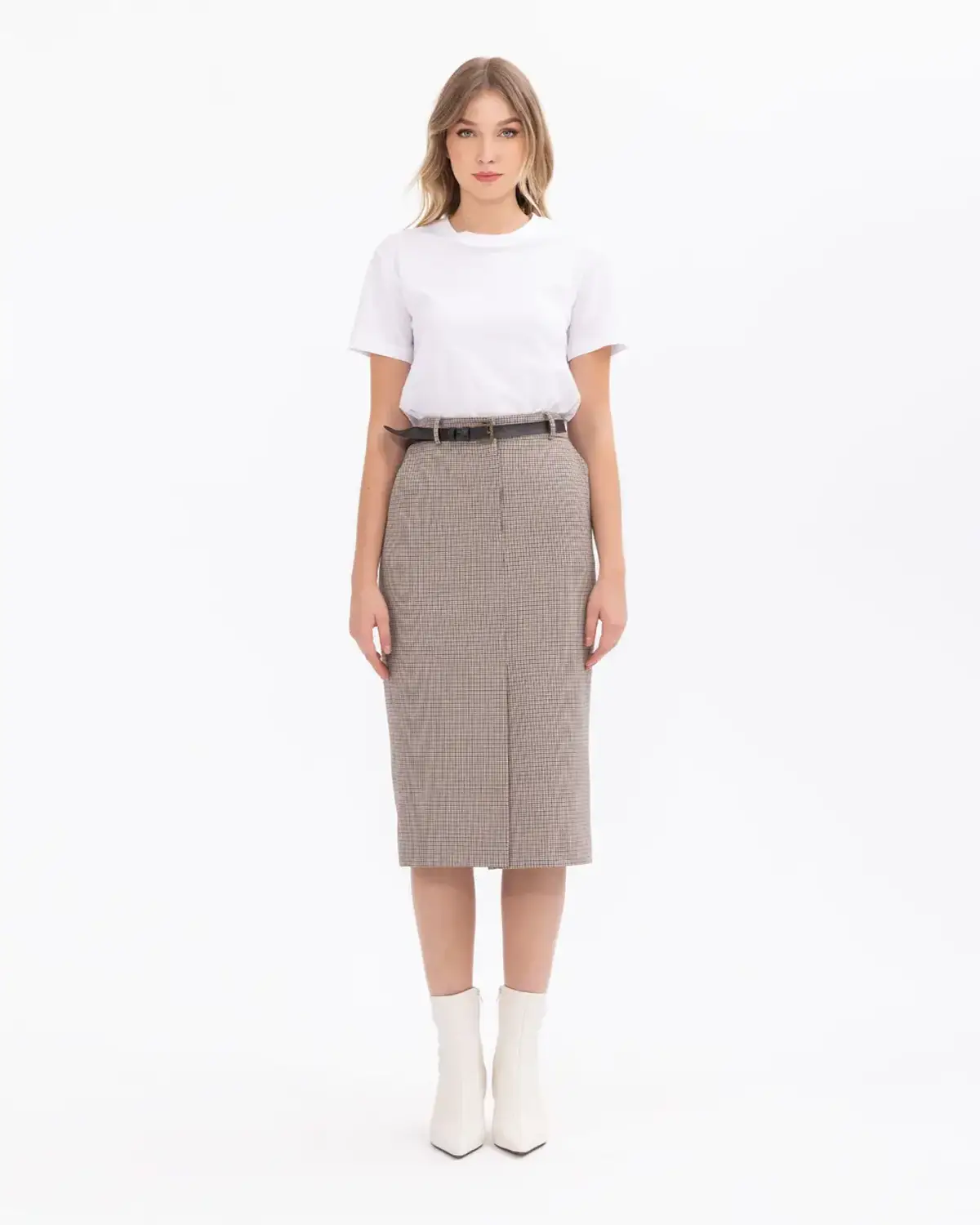 ekose desenli önden yırtmaçlı düz kesim midi etek