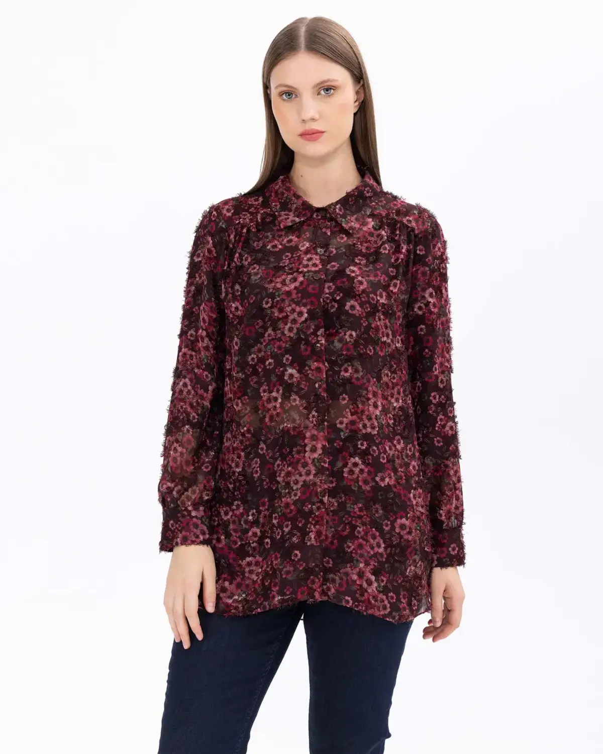 büyük beden çiçek desenli rahat kesim gömlek