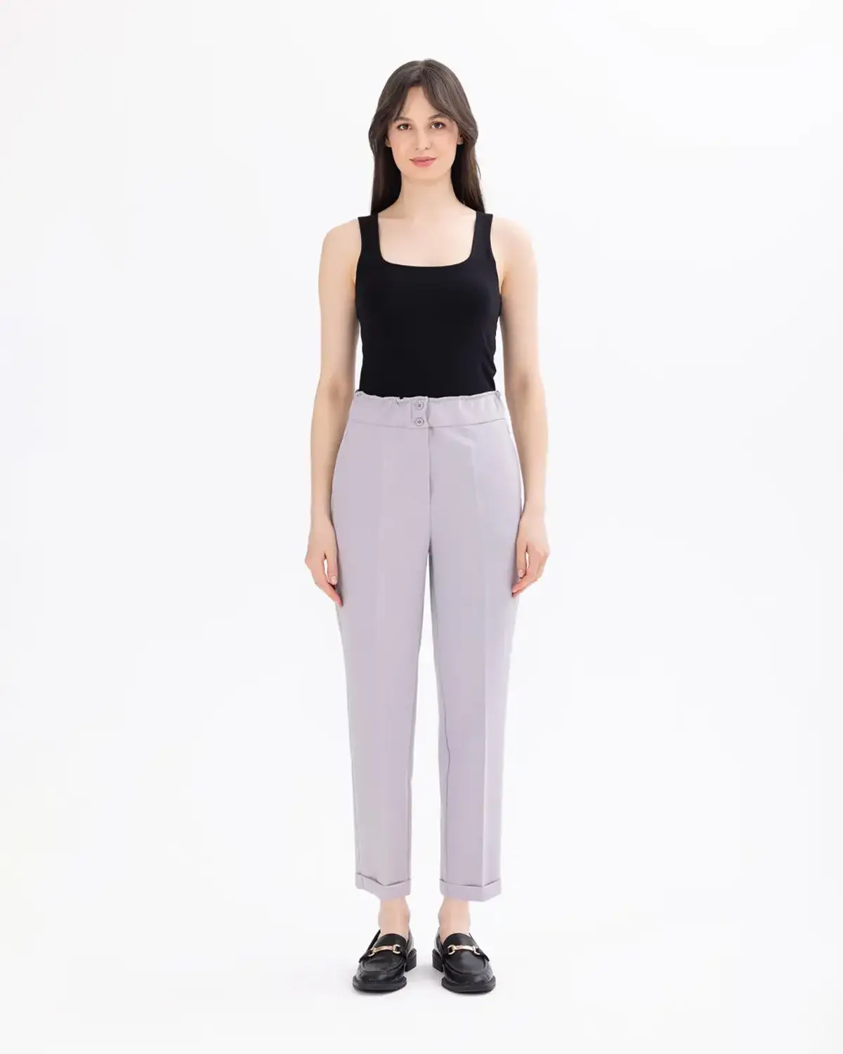 Gathered Waist Ankle-Length Pants with Stretchy Material in Beige, Navy Blue, Black, White, and Grey for Casual Everyday Wear