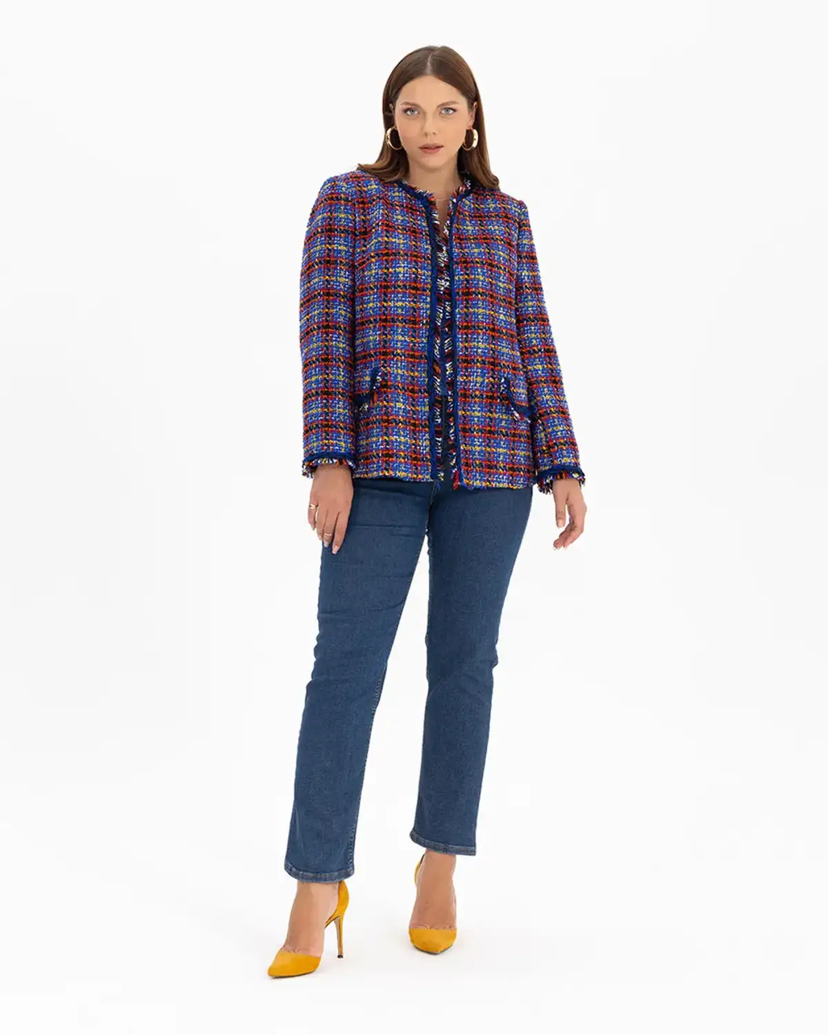 Сукня великого розміру в клітинку з твідовим жакетом, з довгим рукавом та круглим вирізом, ідеальна для офісу та стильного вигляду