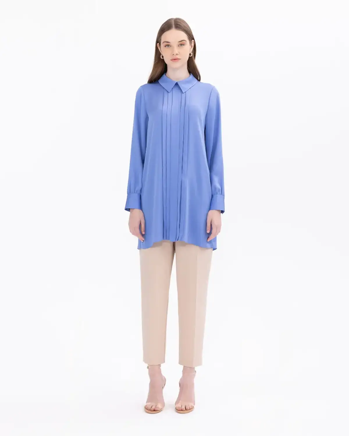 saten dokuma pileli gömlek yaka tunik