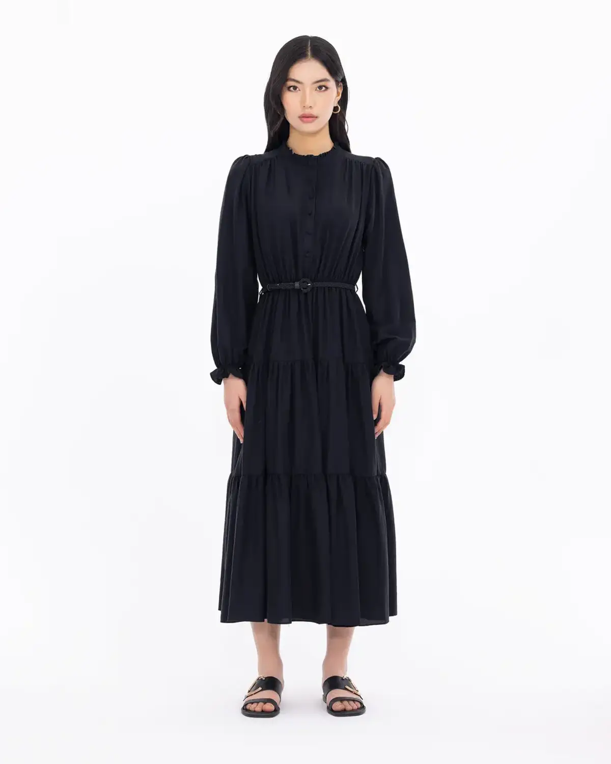 Long Sleeve Ruffled Collar Belted Dress in Black for Stylish Daily Looks