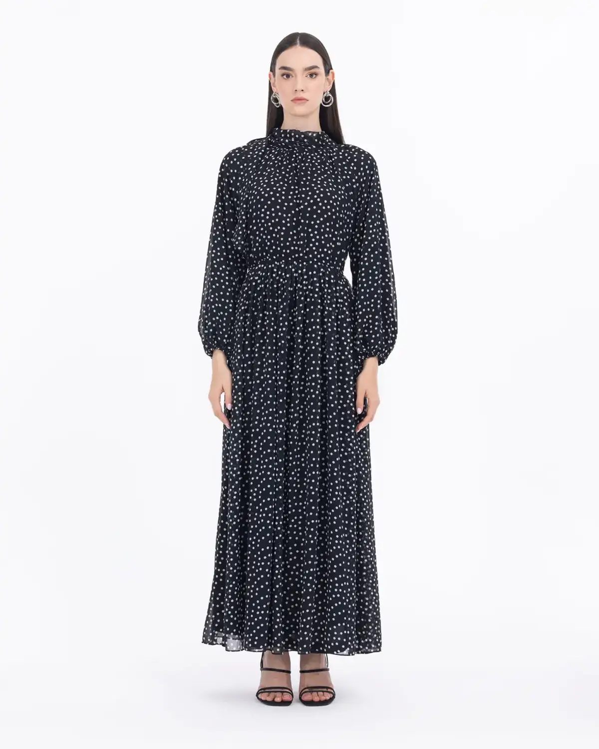 Polka Dot Lined Chiffon Dress with Off-Shoulder Design and Long Sleeves in Blue and Black