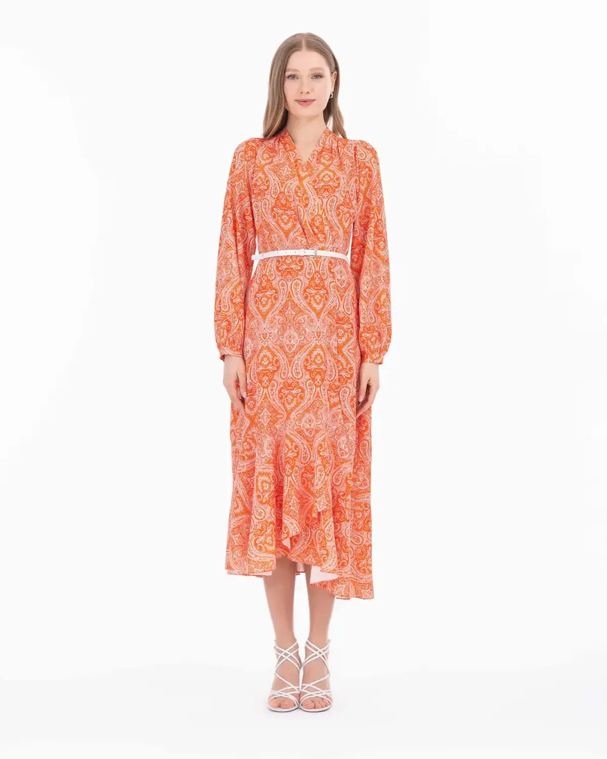 Shawl Pattern Wrap Neck Dress in Energetic Coral Color with Long Sleeves and Classic Style