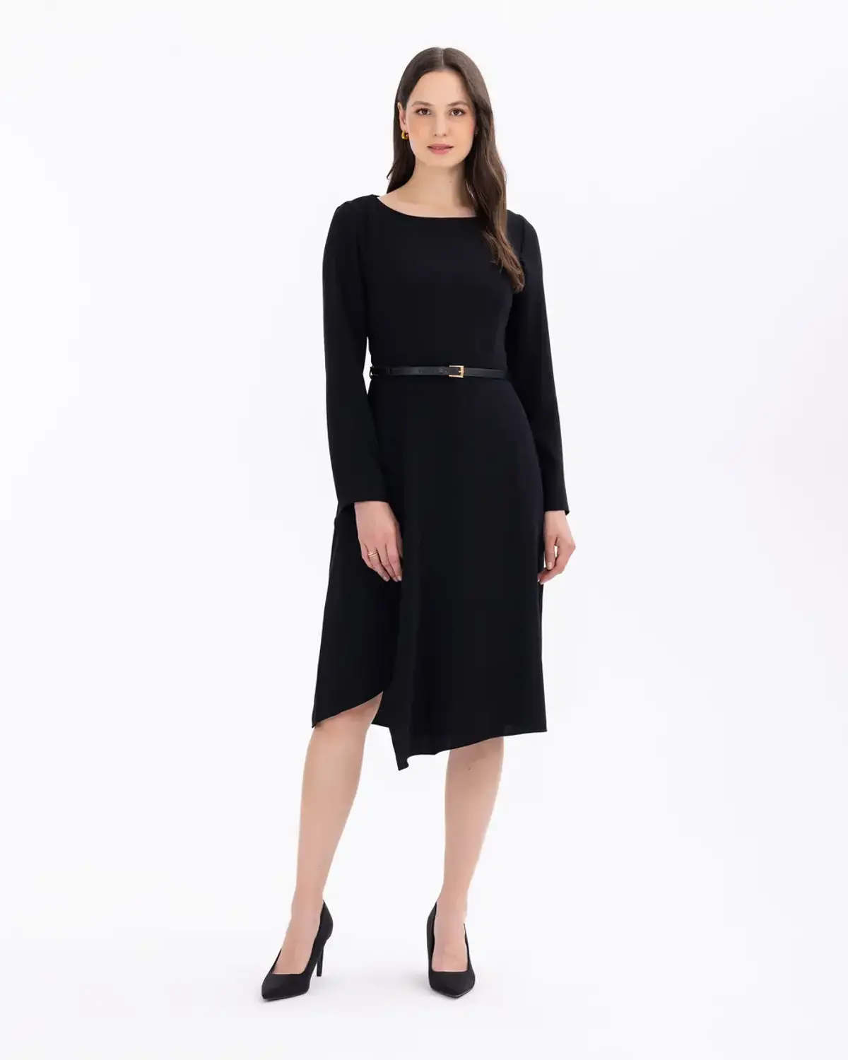 فستان midi طويل الأكمام بياقة بحرية أنيقة من البوليستر الأسود مثالي للاستخدام اليومي والمناسبات الخاصة