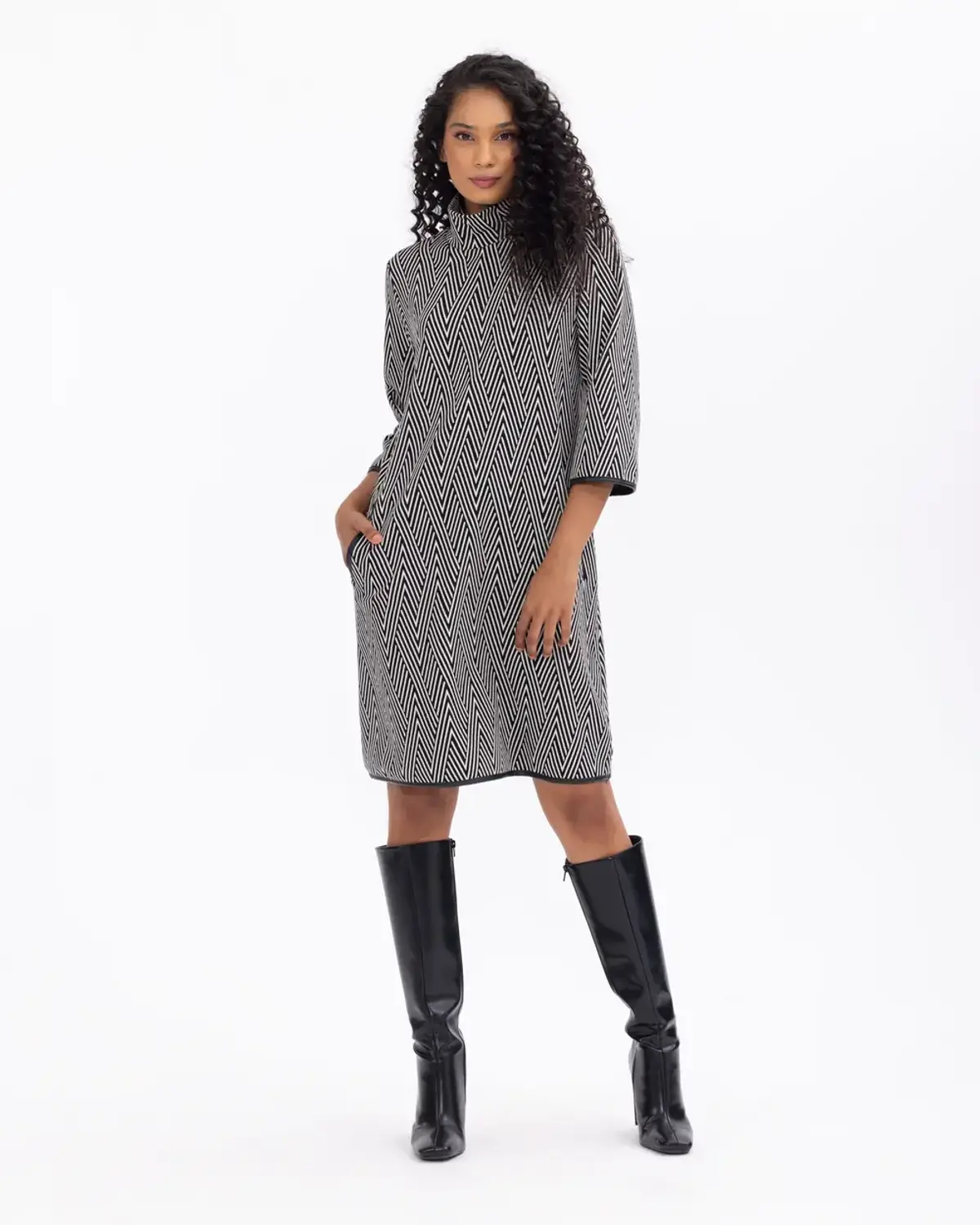 Geometric Pattern Mock Neck Dress with Three-Quarter Sleeves and Pockets in Black