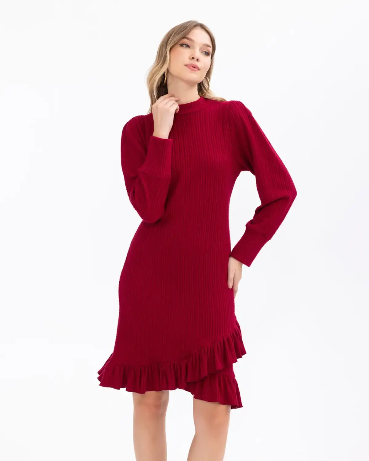 Ribbed Ruffled Fit Dress with Long Sleeves and Round Neck in Burgundy and Black, Ideal Day-to-Night Fashion Choice