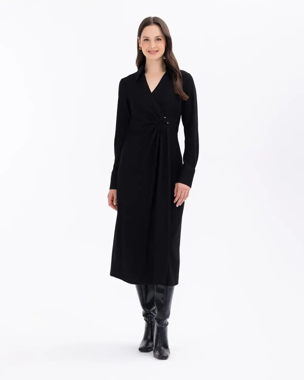 büzgülü v yakalı midi boy örme elbise