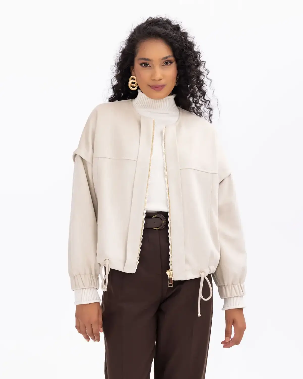 bağcık detaylı bel boy süet ceket