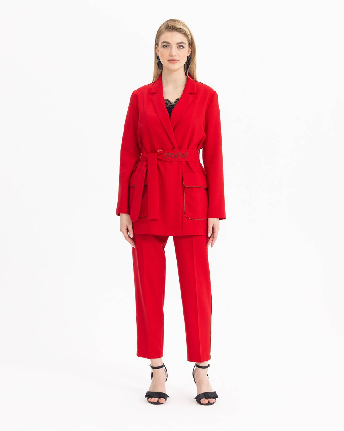 Wide Leg Trousers with Bias Detail - Red, Sizes 38 to 42, 100% Polyester, Modern Look with SCL Jackets, Care: Dry Clean Only
