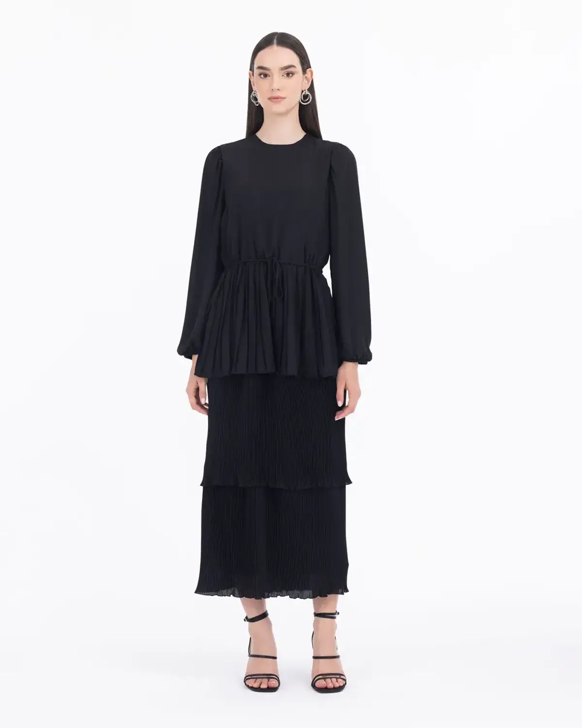 Ruffled Tiered Long Sleeve Dress with Gathered Waist in Black