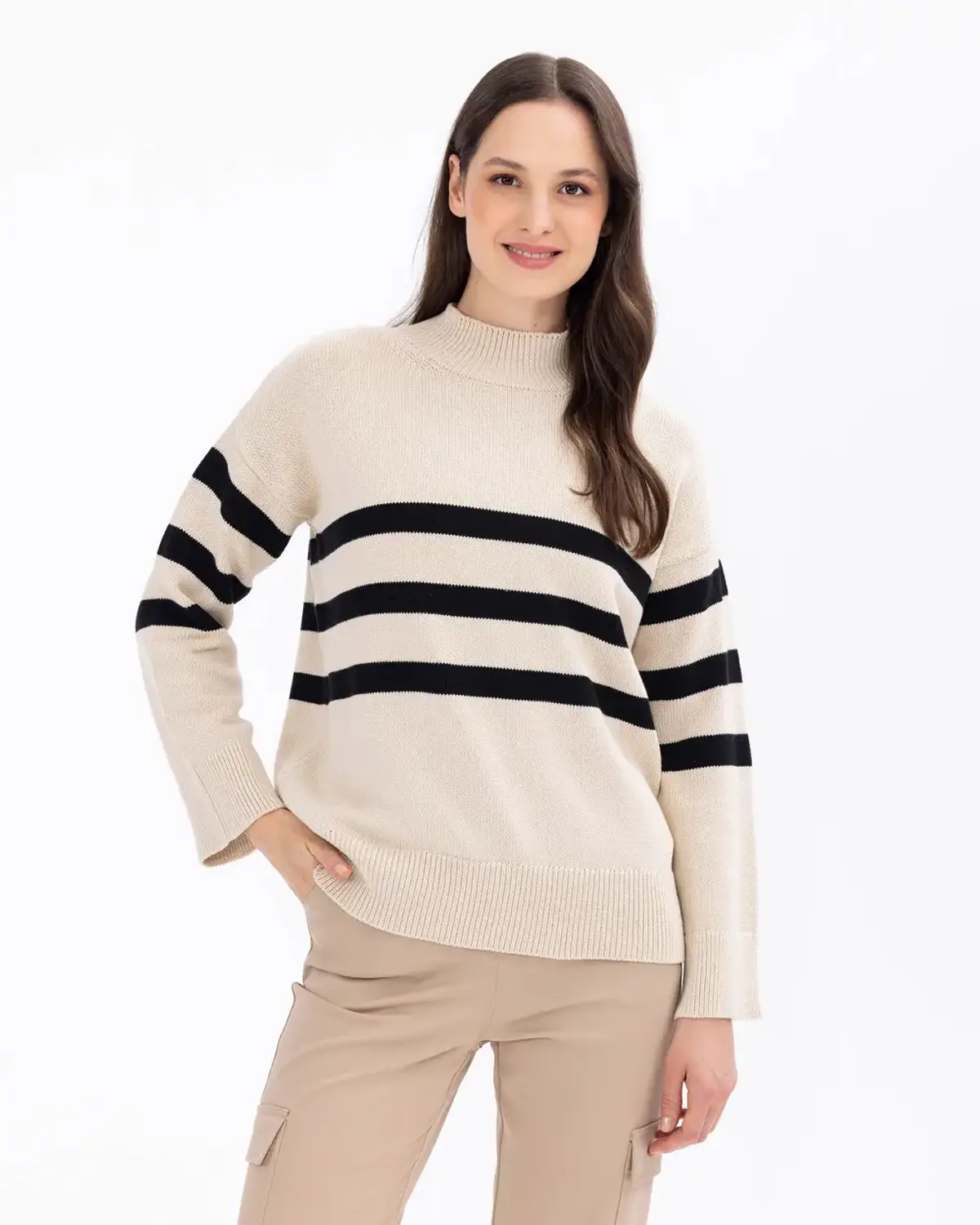 çizgili dik yakalı triko kazak