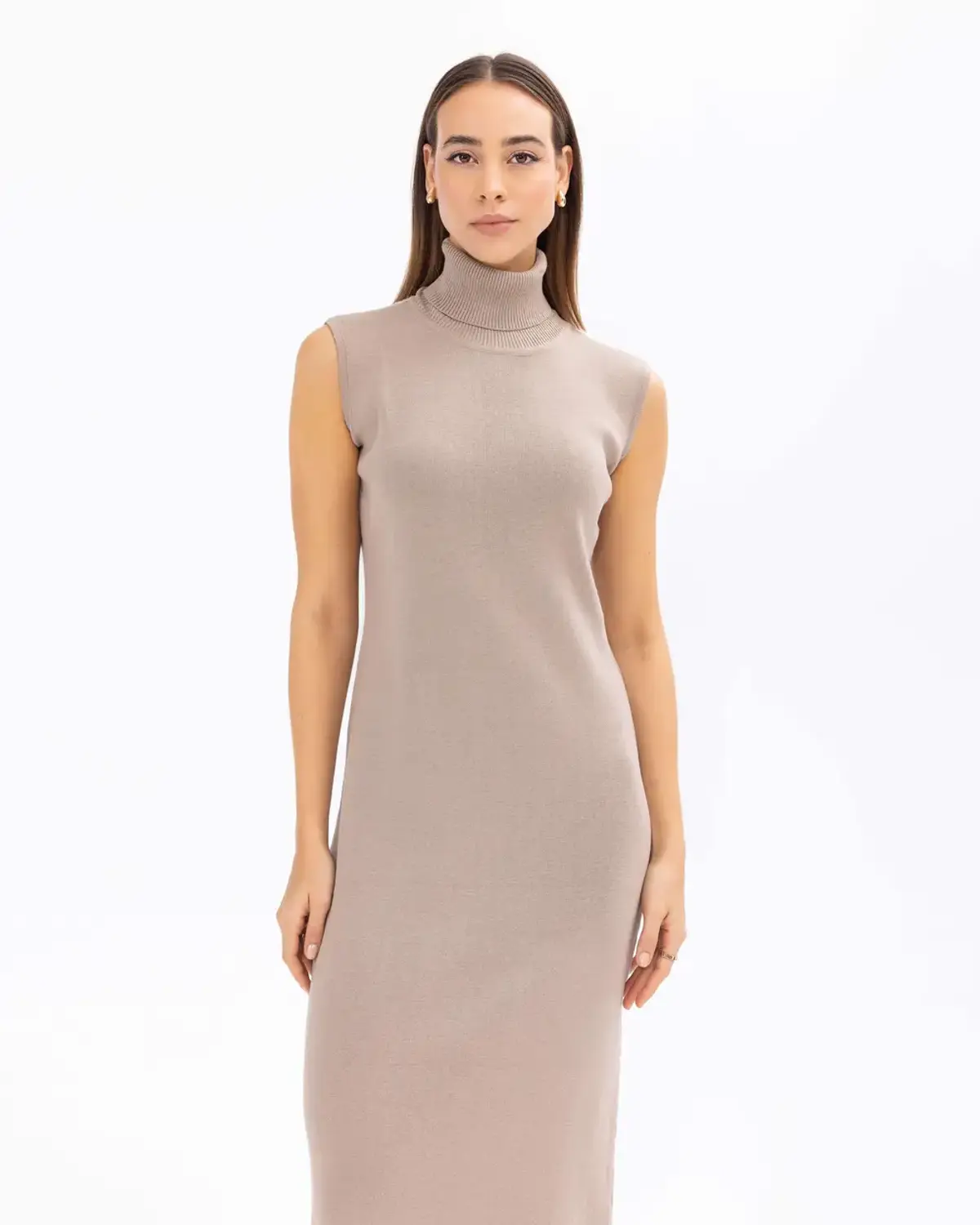 Sleeveless Turtleneck Basic Knit Dress in Black and Beige for Effortless Day-to-Night Style