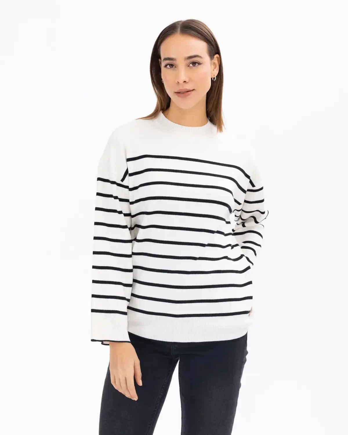 Узорный трикотажный блузон с круглым вырезом, современные и классические стили, комфортный, универсальный, легко комбинируется с аксессуарами