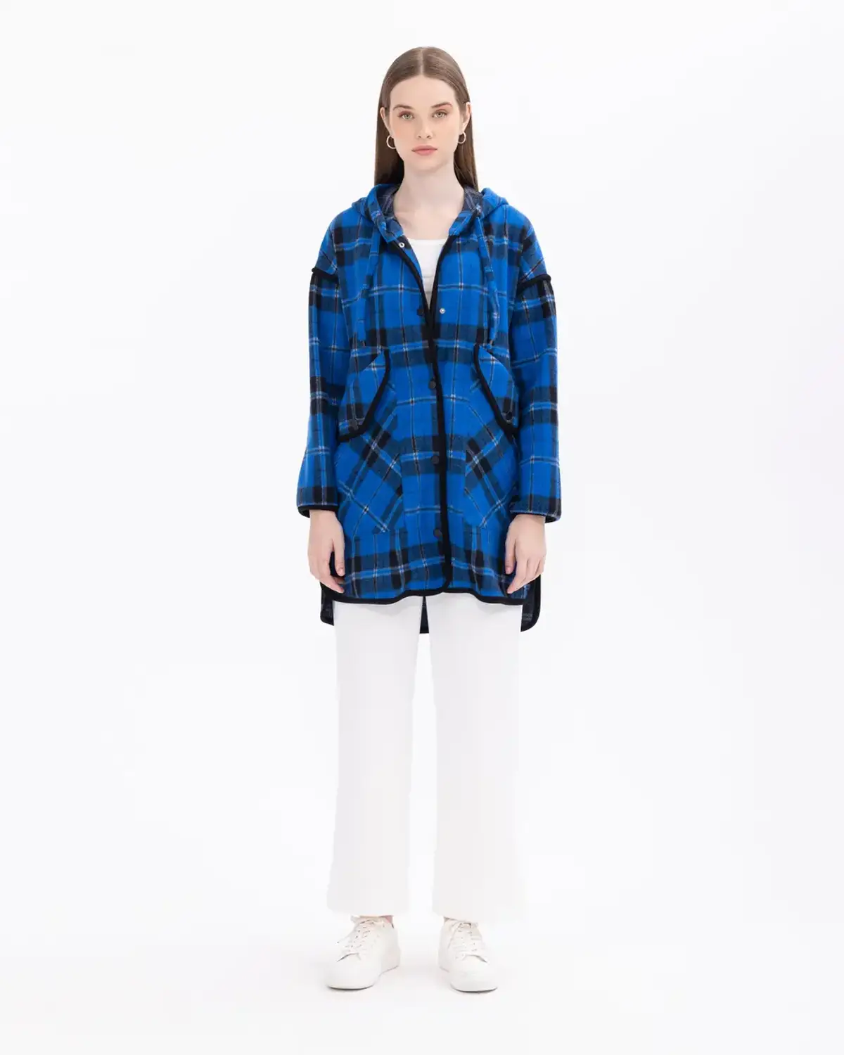 ekose desenli kapüşon yaka ceket