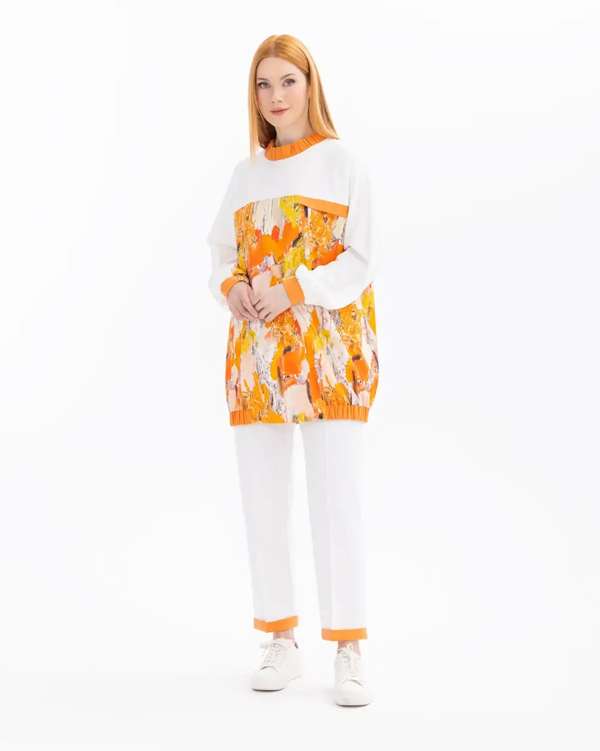 Elastic Waist Pocketed Ankle-Length Pants for Daily Wear in Orange