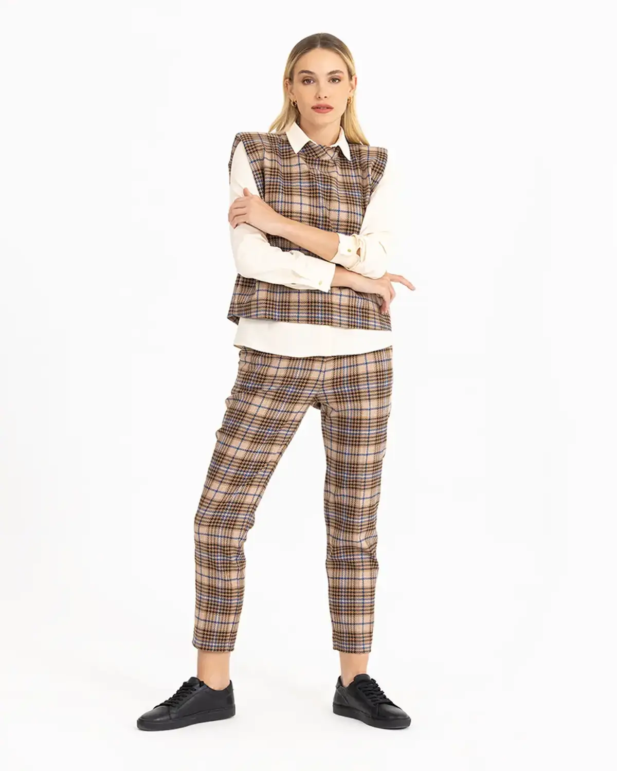 Панталоны с клетчатым узором, полная длина, цвет коричневый, состав: 53% полиэстер, 26% акрил, 19% вискоза, 2% эластан