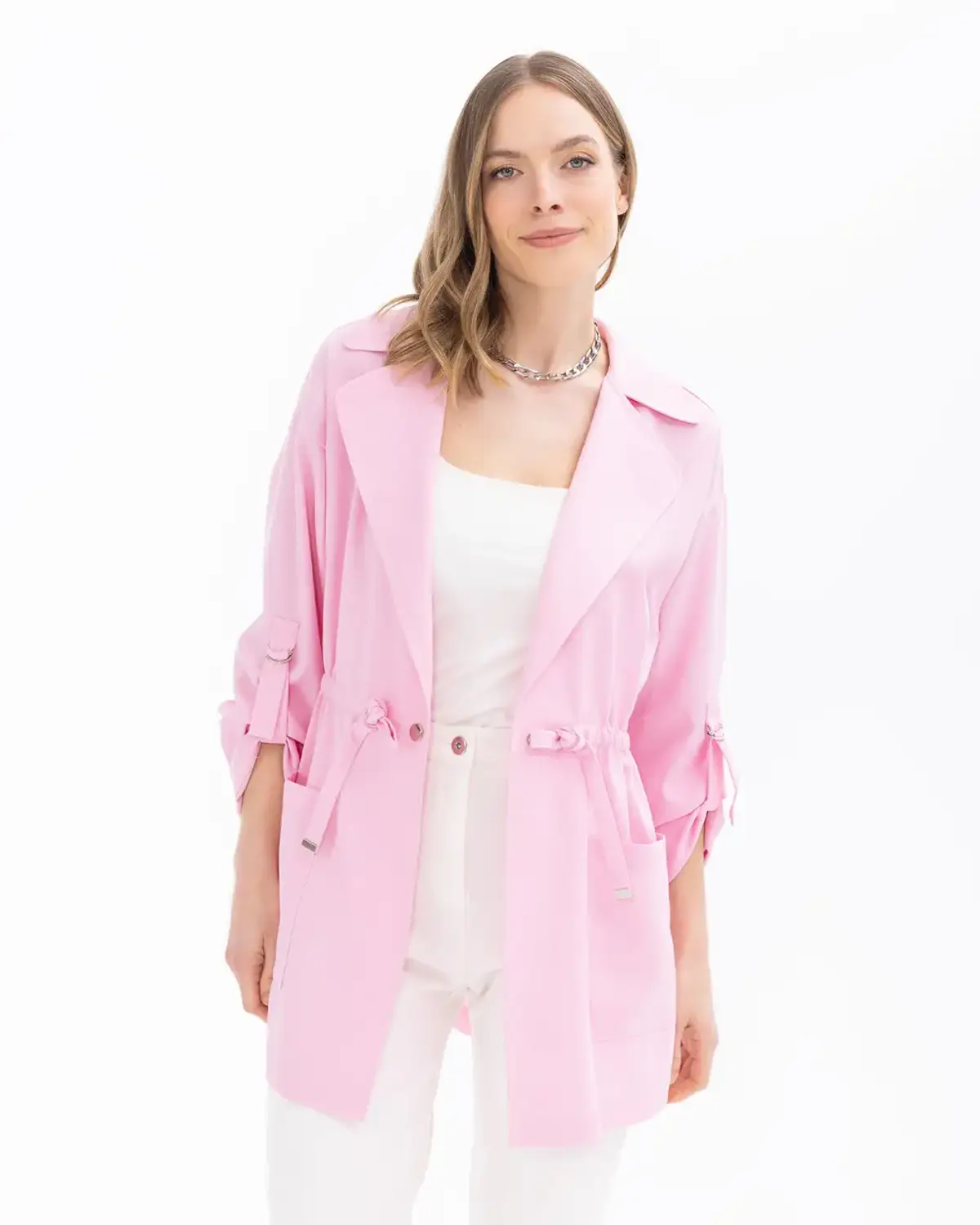 beli büzgülü cepli kuşaklı ceket