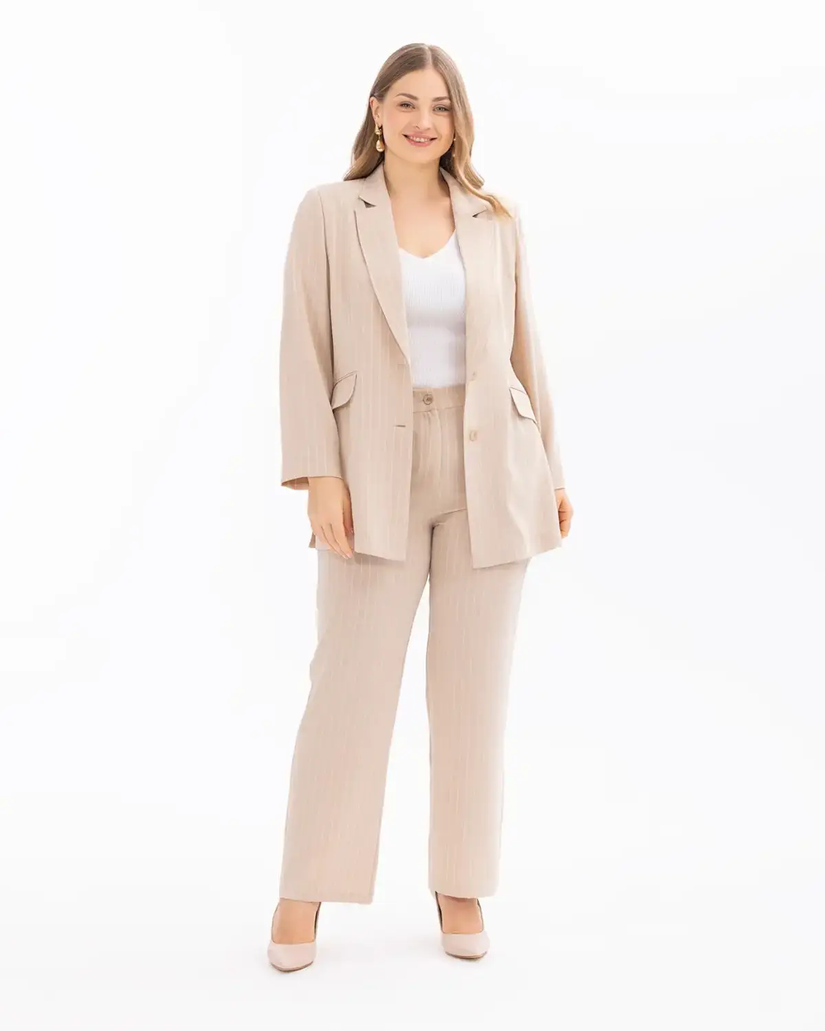 büyük beden çizgili düğme detaylı ceket