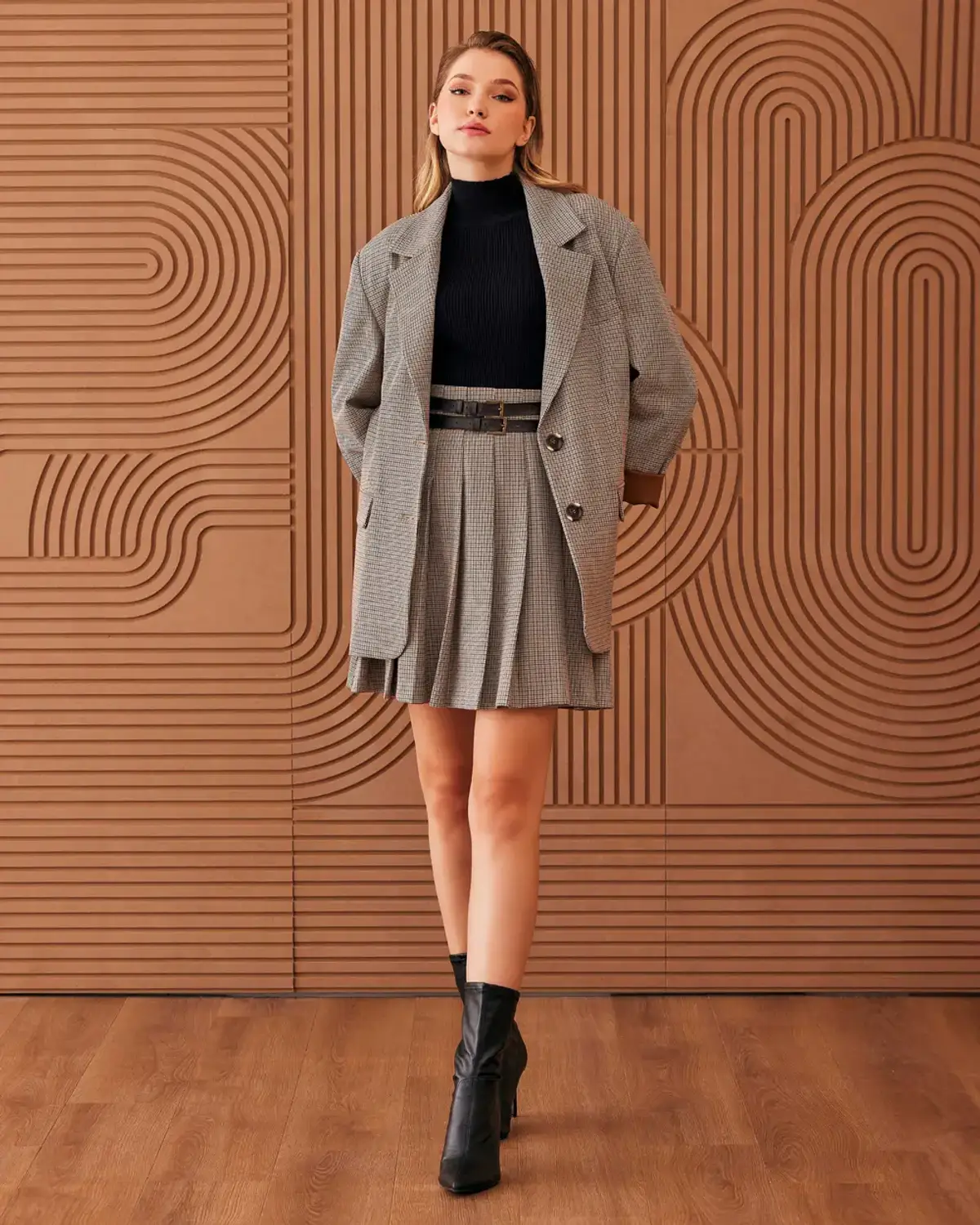 ekose desenli çift cepli astarlı blazer ceket