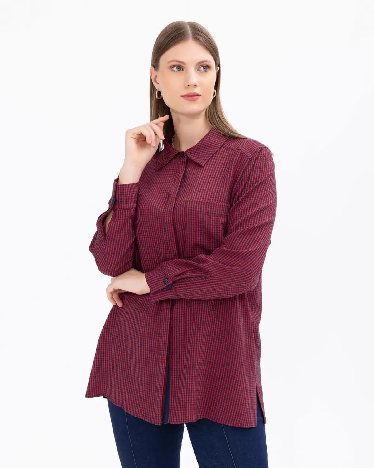 büyük beden pötikare desenli cepli gömlek